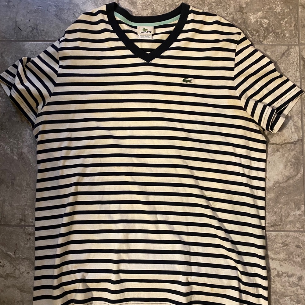 Lacoste navy and white striped short sleeve tee
